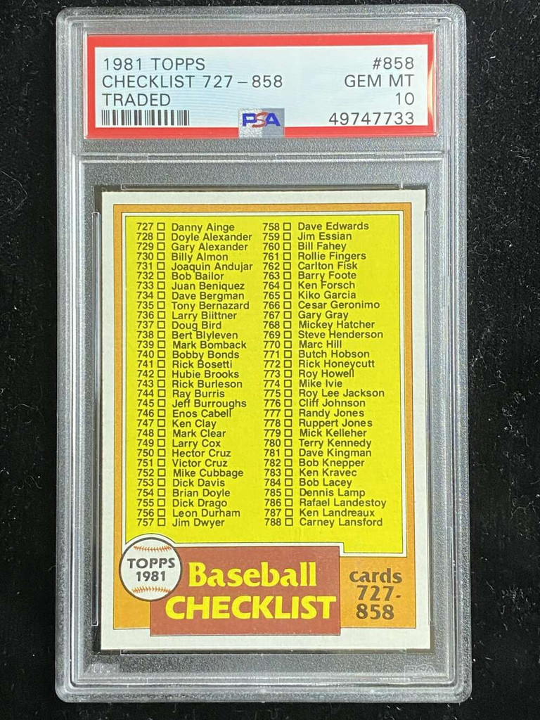 1981 Topps Traded #858 Baseball Checklist 727-858 PSA 10 Gem Mint
