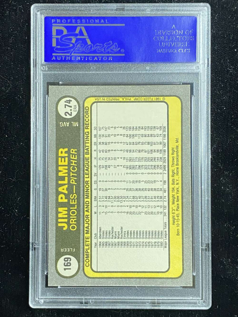 1981 Fleer #169 Jim Palmer Orioles PSA 8 NM-Mint