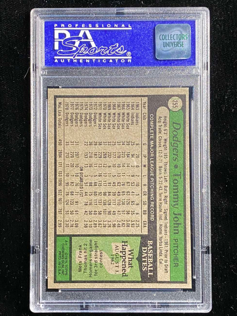 1979 Topps #255 Tommy John Dodgers PSA 8 NM-Mint