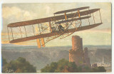 Wright Brothers Biplane Over Old Castle Post Card  #*