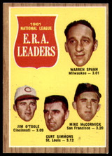 1962 Topps #56 Spahn/O'Toole/Simmons/McCormick N.L. E.R.A. Leaders Ex-Mint ID: 236332 1962 Topps #56 Spahn/O'Toole/Simmons/McCormick N.L. E.R.A. Leaders Ex-Mint ID: 236332