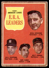 1962 Topps #55 Donovan/Stafford/Mossi/Pappas A.L. E.R.A. Leaders Very Good ID: 241318 1962 Topps #55 Donovan/Stafford/Mossi/Pappas A.L. E.R.A. Leaders Very Good ID: 241318