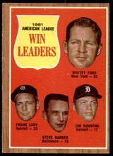 1962 Topps #57 Ford/Lary/Barber/Bunning A.L. Win Leaders Ex-Mint ID: 194564 1962 Topps #57 Ford/Lary/Barber/Bunning A.L. Win Leaders Ex-Mint ID: 194564