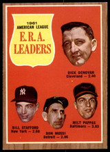 1962 Topps #55 Donovan/Stafford/Mossi/Pappas A.L. E.R.A. Leaders Ex-Mint ID: 194523 1962 Topps #55 Donovan/Stafford/Mossi/Pappas A.L. E.R.A. Leaders Ex-Mint ID: 194523