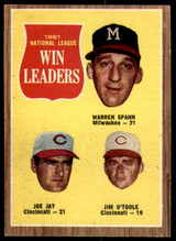 1962 Topps #58 Warren Spahn/Joe Jay/Jim O'Toole N.L. Win Leaders Excellent+ ID: 194573 1962 Topps #58 Warren Spahn/Joe Jay/Jim O'Toole N.L. Win Leaders Excellent+ ID: 194573