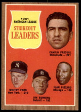 1962 Topps #59 Pascual/Ford/Bunning/Juan Pizarro A.L. Strikeout Leaders Excellent+ ID: 194598 1962 Topps #59 Pascual/Ford/Bunning/Juan Pizarro A.L. Strikeout Leaders Excellent+ ID: 194598