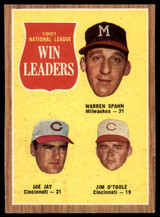1962 Topps #58 Warren Spahn/Joe Jay/Jim O'Toole N.L. Win Leaders Excellent+ ID: 169427 1962 Topps #58 Warren Spahn/Joe Jay/Jim O'Toole N.L. Win Leaders Excellent+ ID: 169427
