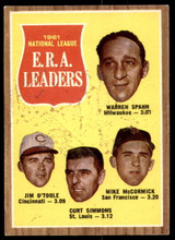 1962 Topps #56 Spahn/O'Toole/Simmons/McCormick N.L. E.R.A. Leaders Excellent+ ID: 194554 1962 Topps #56 Spahn/O'Toole/Simmons/McCormick N.L. E.R.A. Leaders Excellent+ ID: 194554