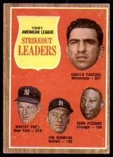 1962 Topps #59 Pascual/Ford/Bunning/Juan Pizarro A.L. Strikeout Leaders VG-EX ID: 194593 1962 Topps #59 Pascual/Ford/Bunning/Juan Pizarro A.L. Strikeout Leaders VG-EX ID: 194593