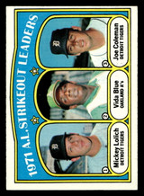 1972 Topps #96 Mickey Lolich/Vida Blue/Joe Coleman AL Strikeout Leaders Ex-Mint ID: 462079 1972 Topps #96 Mickey Lolich/Vida Blue/Joe Coleman AL Strikeout Leaders Ex-Mint ID: 462079