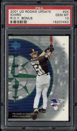 2001 UD Rookie Update ROY Bonus #24 Ichiro Suzuki PSA 10 Gem Mint RC POP 2 ID: 500510 2001 UD Rookie Update ROY Bonus #24 Ichiro Suzuki PSA 10 Gem Mint RC POP 2 ID: 500510