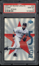 2001 US Rookie Update ROY Bonus #34 Ichiro Suzuki PSA 10 Gem Mint RC POP 4 ID: 500511 2001 US Rookie Update ROY Bonus #34 Ichiro Suzuki PSA 10 Gem Mint RC POP 4 ID: 500511