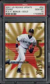 2001 UD Rookie Update R.O.Y. Bonus GOLD 34 Ichiro PSA 10 Gem Mint RC /100 2001 UD Rookie Update R.O.Y. Bonus GOLD 34 Ichiro PSA 10 Gem Mint RC /100