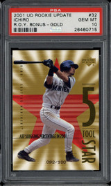 2001 UD Rookie Update R.O.Y. Bonus GOLD 32 Ichiro PSA 10 Gem Mint RC /100 ID: 500583 2001 UD Rookie Update R.O.Y. Bonus GOLD 32 Ichiro PSA 10 Gem Mint RC /100 ID: 500583