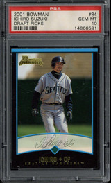 2001 Bowman Draft Picks #84 Ichiro Suzuki Mariners PSA 10 Gem Mint RC 2001 Bowman Draft Picks #84 Ichiro Suzuki Mariners PSA 10 Gem Mint RC