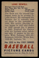 1951 Bowman #322 Luke Sewell MG Very Good High Number 