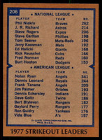 1978 Topps #206 Phil Niekro/Nolan Ryan Strikeout Leaders DP Near Mint  ID: 226619