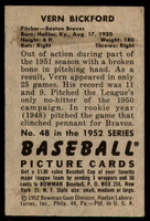 1952 Bowman #48 Vern Bickford Very Good  ID: 214359