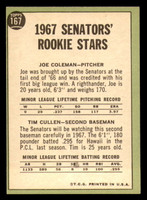 1967 Topps #167 Joe Coleman/Tim Cullen Senators Rookies Near Mint RC Rookie  ID: 286697