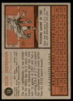 1962 Topps #15 Dick Donovan UER Very Good  ID: 194384