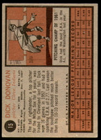 1962 Topps #15 Dick Donovan UER Very Good  ID: 194386
