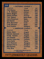 1978 Topps #206 Phil Niekro/Nolan Ryan Strikeout Leaders DP Near Mint+  ID: 304922