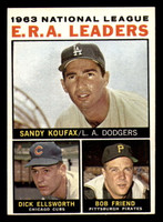 1964 Topps #1 Sandy Koufax/Dick Ellsworth/Bob Friend NL E.R.A. Leaders Excellent+  ID: 380272