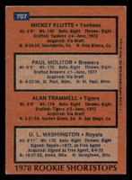 1978 Topps #707 Mickey Klutts/Paul Molitor/Alan Trammell/U.L. Washington Rookie Shortstops Excellent RC Rookie  ID: 405911