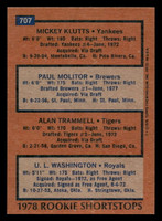 1978 Topps #707 Mickey Klutts/Paul Molitor/Alan Trammell/U.L. Washington Rookie Shortstops Near Mint RC Rookie  ID: 521845
