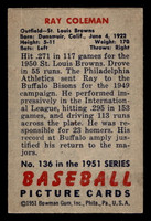 1951 Bowman #136 Ray Coleman Ex-Mint 