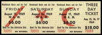 Woodstock Music Art Fair UNUSED 3 Day $18 Ticket 8 15-17 1969 Authentic 70083