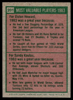 1975 Topps Mini #201 1963 's Elston Howard/Sandy Koufax MVP Near Mint+  ID: 527256