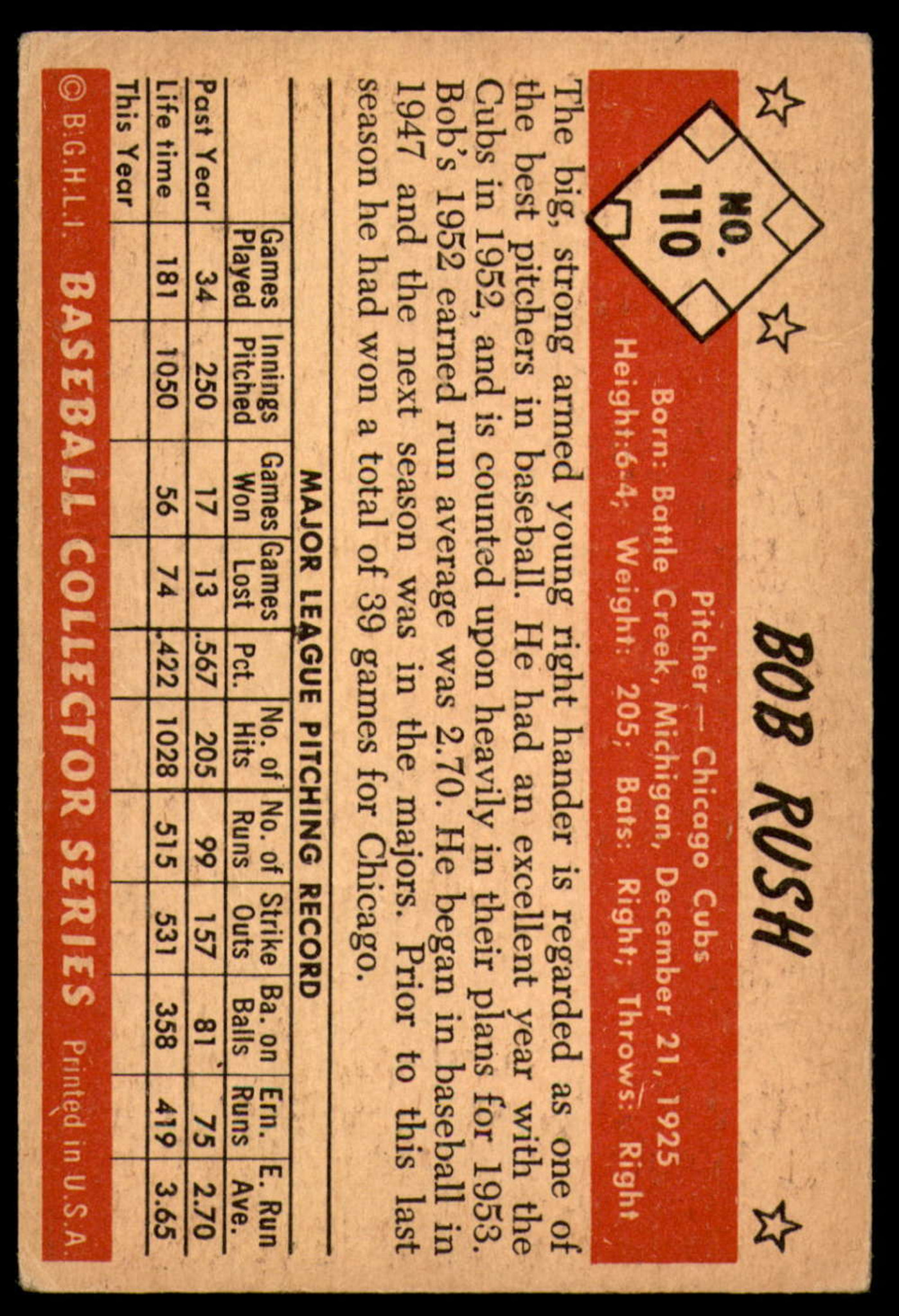  1954 Bowman #77 Bob Rush Chicago Cubs MLB Baseball
