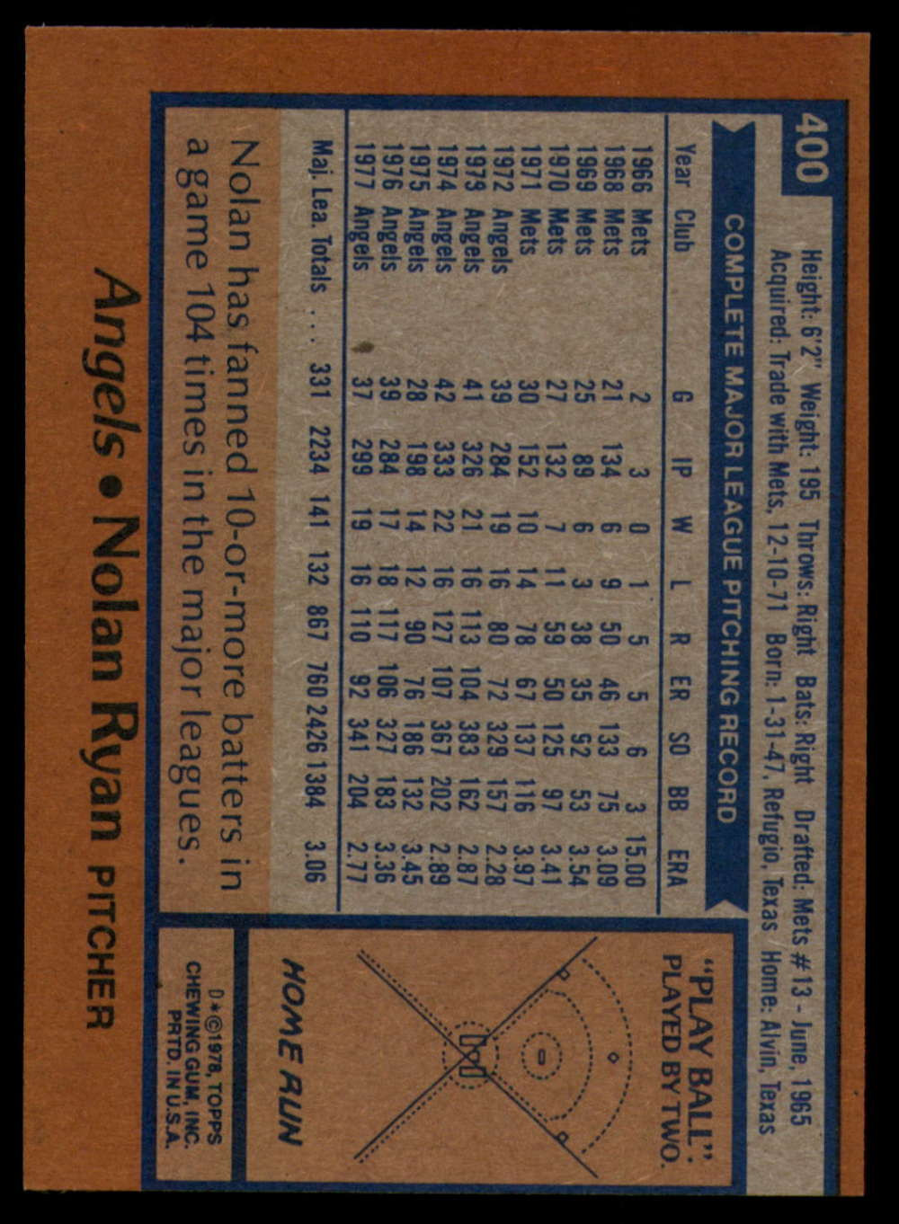 1978 Topps #400 Nolan Ryan Ex-Mint ID: 152191 - Scottsdale Cards 2021