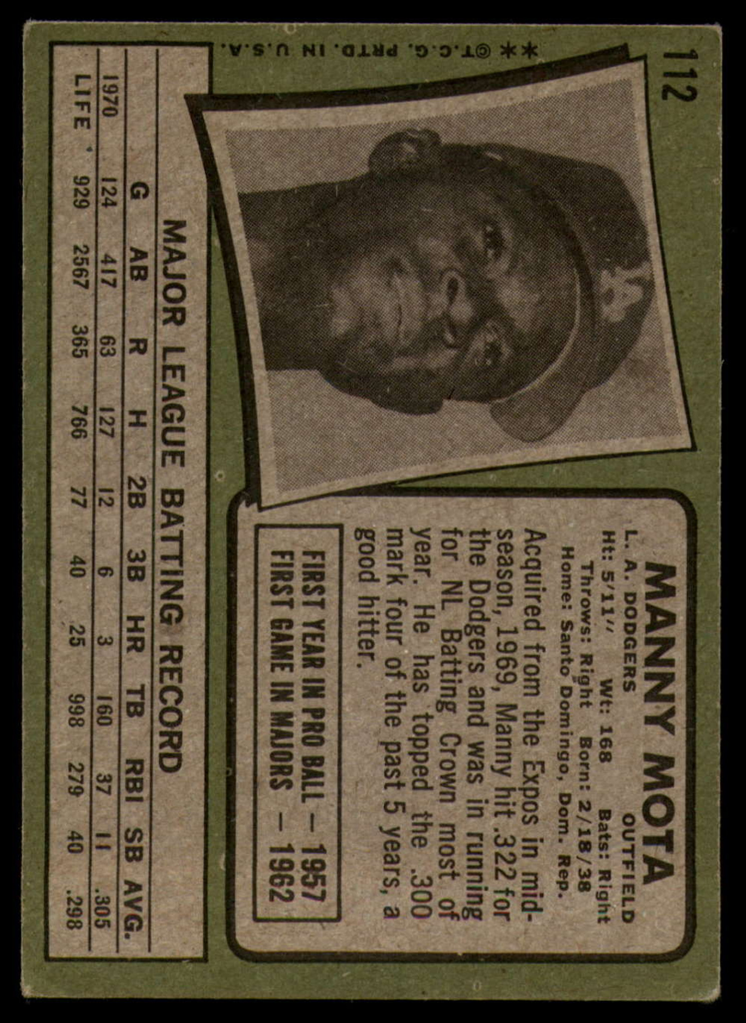 1971 Topps #112 Manny Mota Signed Auto Autograph - Scottsdale