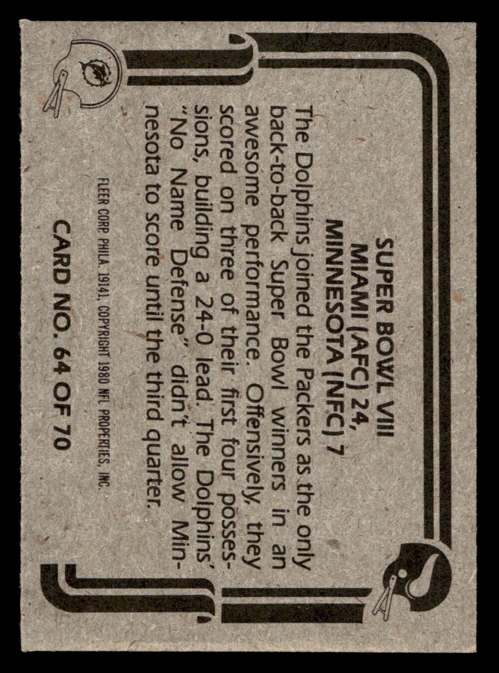 1980 Fleer Team Action #64 Super Bowl VIII Near Mint Football ID