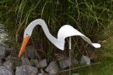 Great Egret dancing garden art that moves with the wind atop a 35" stake, made in Michigan, USA.