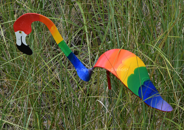 Rainbow Flamingo dancing garden art that moves with the wind atop 35" stakes, made in Michigan, USA.