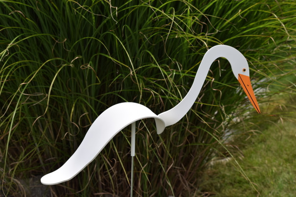 Great Egret dancing garden art that moves with the wind atop a 35" stake, made in Michigan, USA.