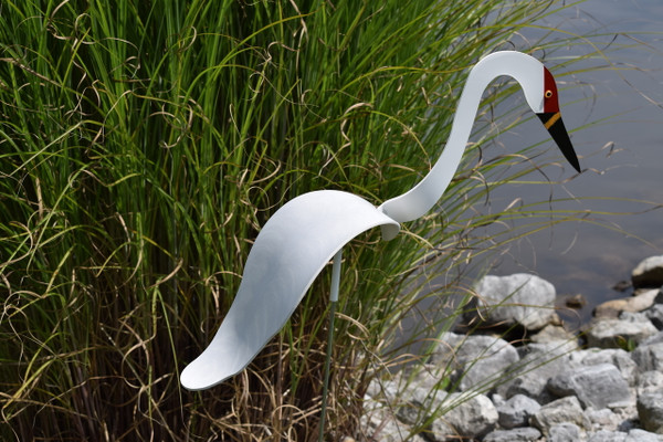 Whooping Crane dancing garden art that moves with the wind atop a 35" stake, made in Michigan, USA.
