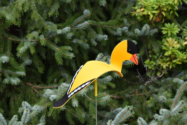 Goldfinch dancing garden art that moves with the wind atop a 35" stake, made in Michigan, USA.