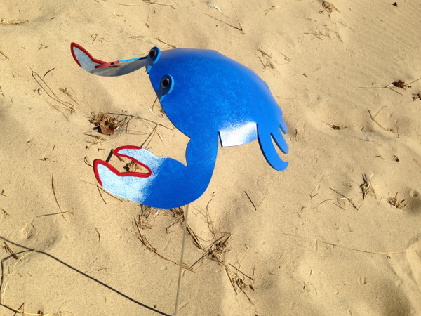 Crab dancing garden art that moves with the wind atop a 35" stake, made in Michigan, USA.
