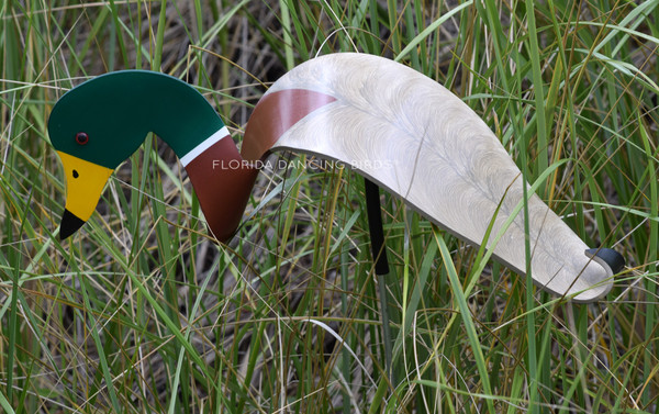 Mallard Duck dancing garden art that moves with the wind atop a 35" stake, made in Michigan, USA.
