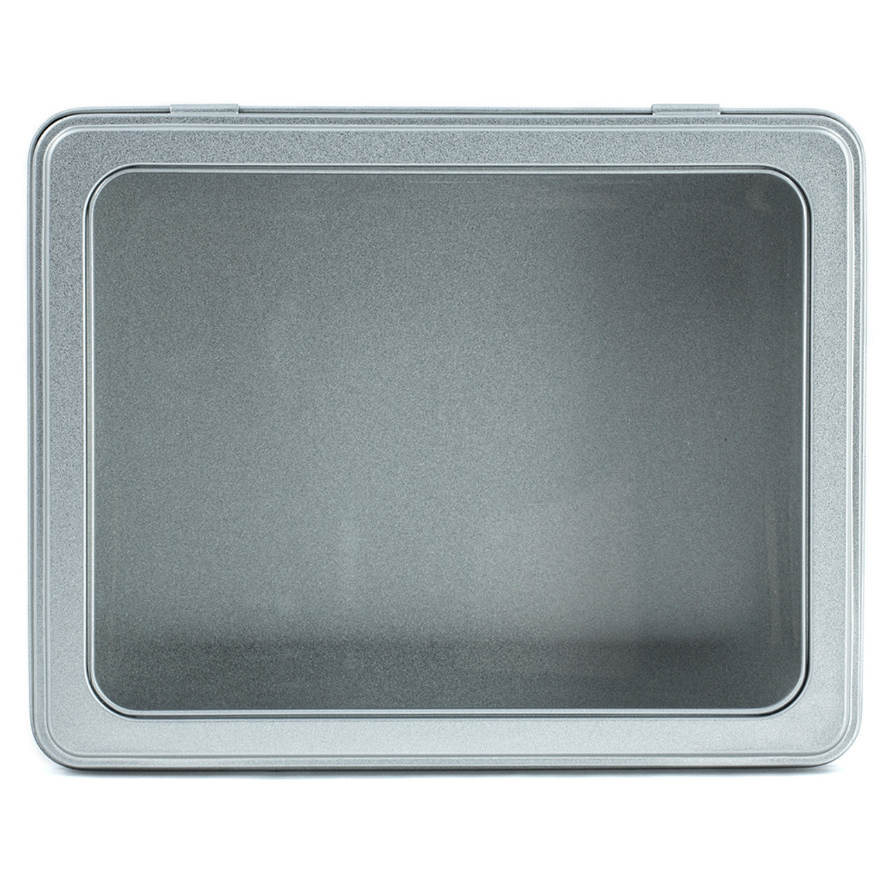 LARGE SILVER RECTANGULAR TIN WITH WINDOW LID