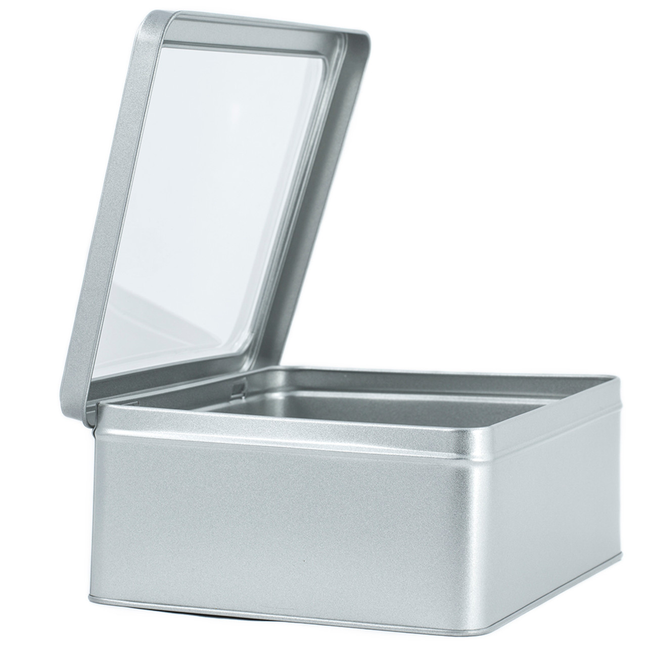 LARGE SILVER RECTANGULAR TIN WITH WINDOW LID