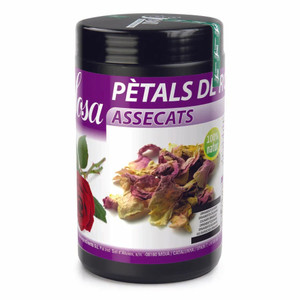 A black plastic container of Sosa Dried Rose Petals 80g, featuring purple and white labelling with an image of dried rose petals and a red rose illustration. A black plastic container of Sosa Dried Rose Petals 80g, featuring purple and white labelling with an image of dried rose petals and a red rose illustration.