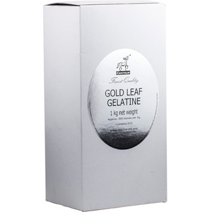 WHite box of Gelatine Gold Leaf 1kg with silver label WHite box of Gelatine Gold Leaf 1kg with silver label