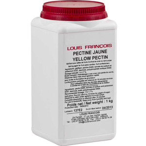 White rectangular container with a red screw-on lid labelled "Louis Francois Yellow Pectin 1kg" featuring black and red text in French and English.