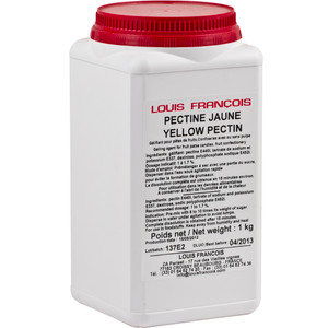 White rectangular container with a red screw-on lid labelled "Louis Francois Yellow Pectin 1kg" featuring black and red text in French and English. White rectangular container with a red screw-on lid labelled "Louis Francois Yellow Pectin 1kg" featuring black and red text in French and English.