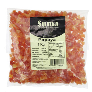 Suma Papaya Red Diced Dried 1kg with natural sweetness and chewy texture perfect for baking snacking trail mix and savoury dishes. Suma Papaya Red Diced Dried 1kg with natural sweetness and chewy texture perfect for baking snacking trail mix and savoury dishes.